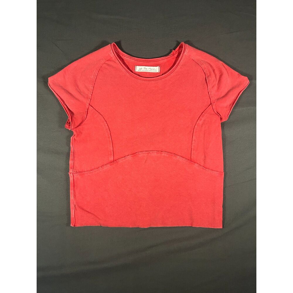 Y2K Grunge Casual Raw Seam Cap Sleeve Tee We The Free Red Crop M
